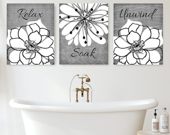 Gray Bathroom Wall Art Prints or Canvas, Relax Soak Unwind Bathroom Wall Decor, Floral Bathroom Art, Bathroom Quotes Set of 3