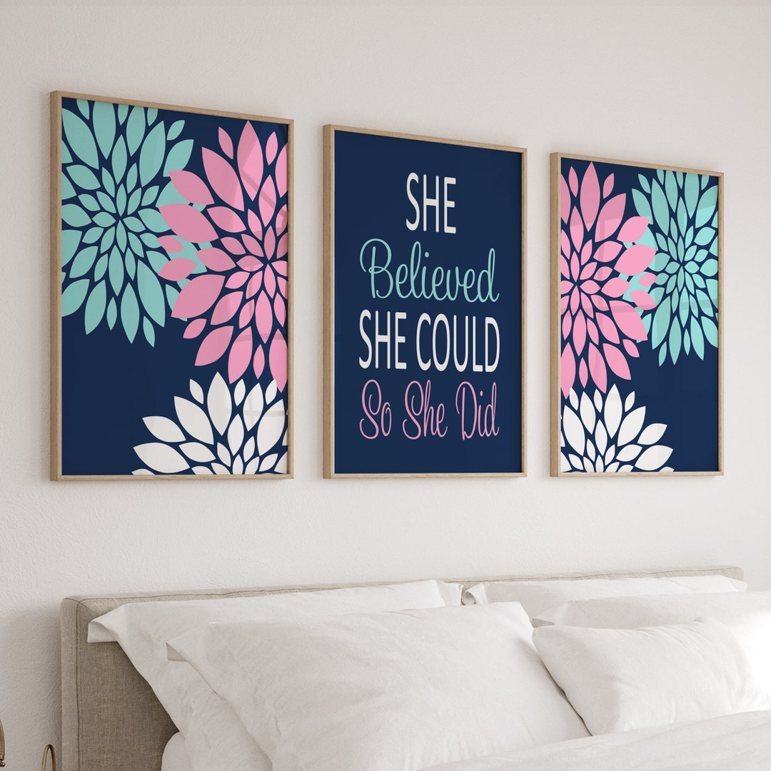 Teen Girl Room Decor, Floral Wall Decor, Pink Navy Wall Art, Prints or ...