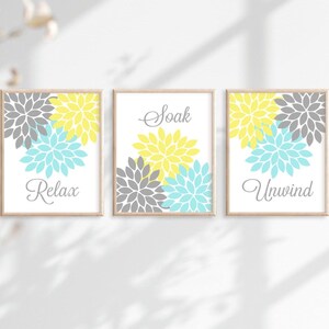 Teal Gray Bathroom Decor, Bathroom Wall Art, Prints or Canvas Floral Bathroom Wall Decor, Relax Soak Unwind, Bathroom Quotes, Set of 3 画像 6