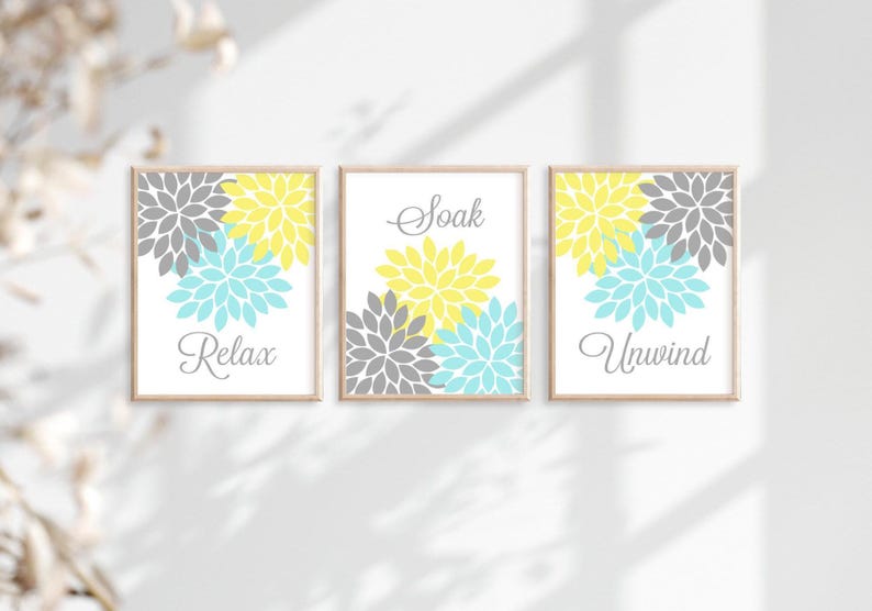 Teal Gray Bathroom Decor, Bathroom Wall Art, Prints or Canvas Floral Bathroom Wall Decor, Relax Soak Unwind, Bathroom Quotes, Set of 3 画像 6