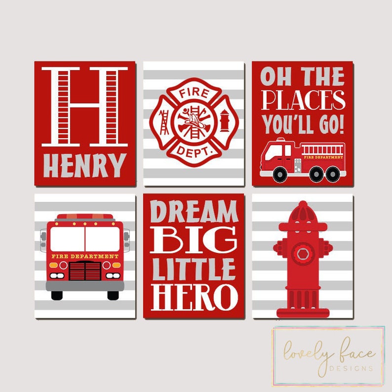 Fire Truck Nursery Set of 6 Pictures Big Boy Bedroom Fire Truck Decor Canvas or Prints Fireman Fire Truck Birthday Fire Truck Wall Art
