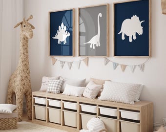 Dinosaur Nursery Prints, Navy Gray Set of 3 Wall Art