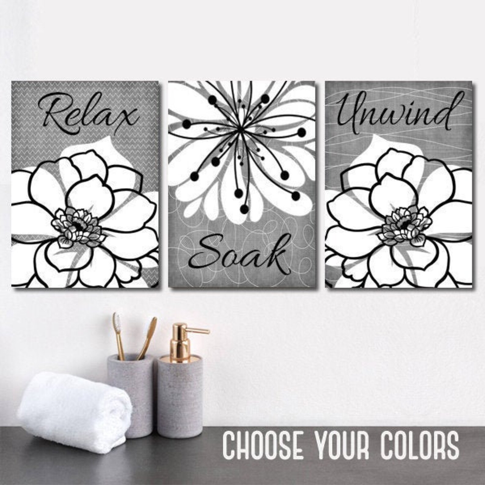 Gray Bathroom Wall Art Prints or Canvas Relax Soak Unwind Etsy