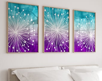 Dandelion Wall Art, Teen Girl Room Decor, Girl Nursery Decor, Watercolor Bedroom Decor Prints or Canvas, Purple Teal Dorm Room, Set of 3