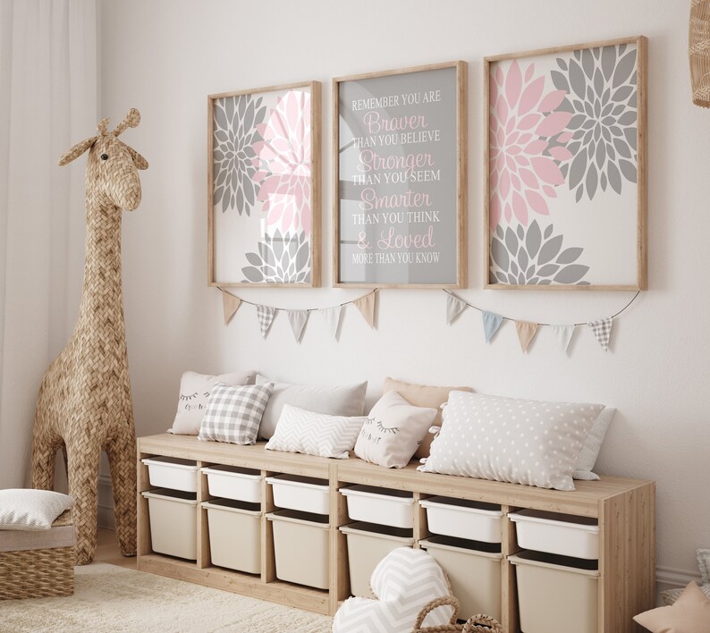 Floral Nursery Art Pink Gray Nursery Decor Baby Girl Nursery Etsy