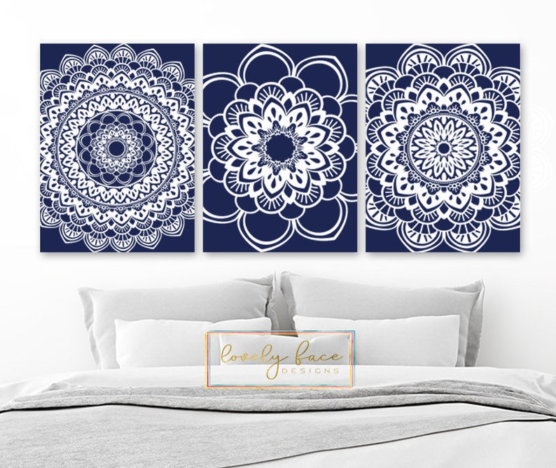 Mandala Wall Art Navy Bedroom Wall Decor Medallion Wall Art Etsy