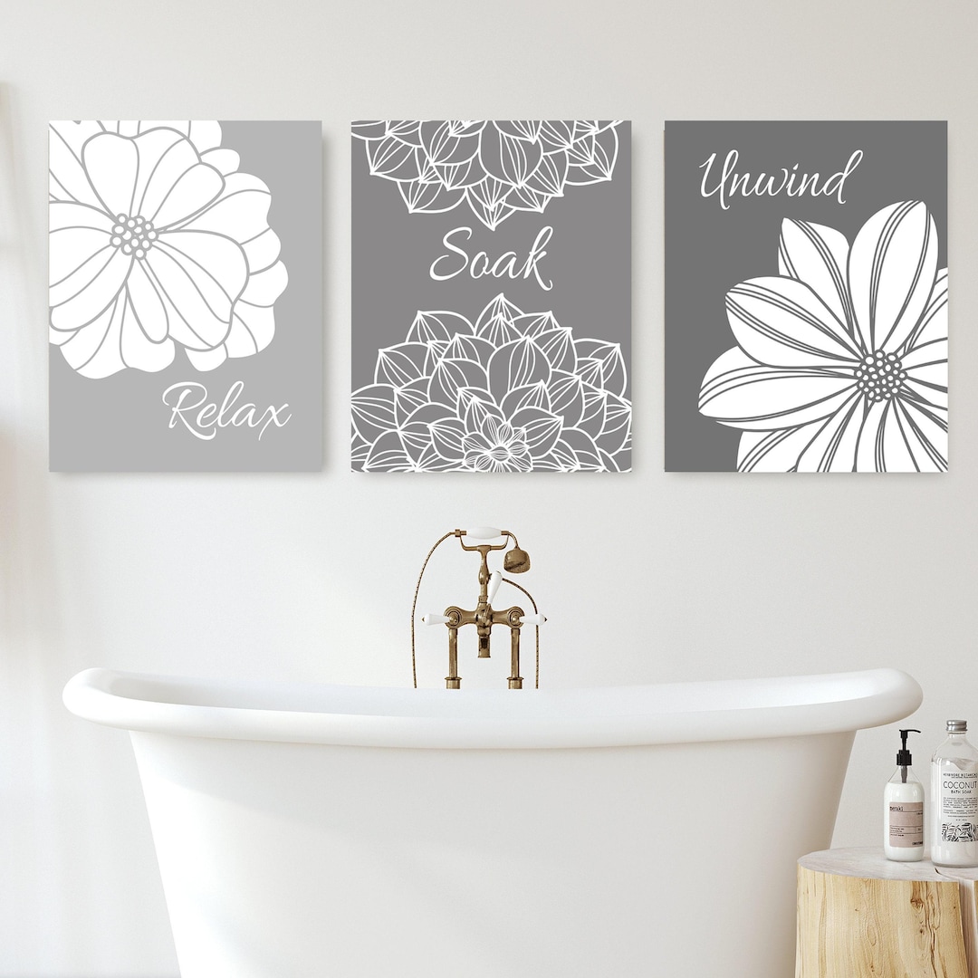 Gray Bathroom Wall Art Prints or Canvas, Relax Soak Unwind Bathroom ...