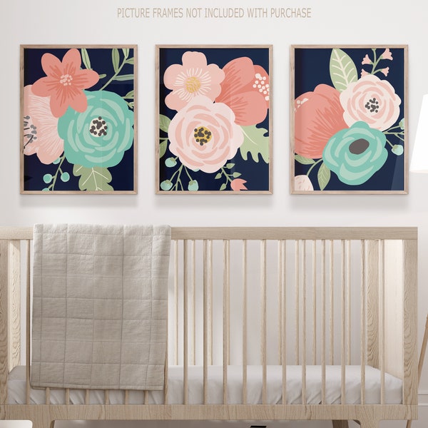 Navy Coral Aqua Flower Wall Art, Coral Navy Girl Flower Nursery Art Prints, Printable Wall Art Flowers, Above Crib Decor, Pictures, Set of 3