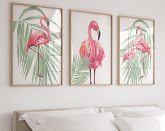 Flamingo wall art prints, flamingo dorm decor, flamingo print set of 3 prints or canvas, flamingo nursery art, girls tropical bedroom decor