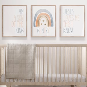 Christian Nursery Wall Decor Personalized Boy Rainbow Nursery Prints or Canvas, I Am A Son Of The King, Jesus Loves Me Wall Art Set of 3