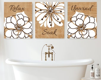 Bathroom Wall Art Prints or Canvas, Relax Soak Unwind Bathroom Wall Decor, Floral Bathroom Art, Bathroom Quotes Set of 3 Brown Tan