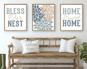 Entryway Art Prints, Bless Our Nest, Home Sweet Home, Farmhouse Wall Decor, Neutral Wall Art Prints or Canvas, Set of 3 Living Room Wall Art