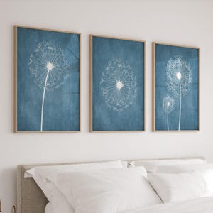 Dandelion Wall Art, Blue Bedroom Pictures, Dandelion Art Prints or Canvas Blue Bathroom Decor, Dorm Room Decor, Set of 3, Blue Home Decor