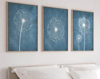 Blue Dandelion Art Prints, Set of 3, Bedroom or Bathroom Decor