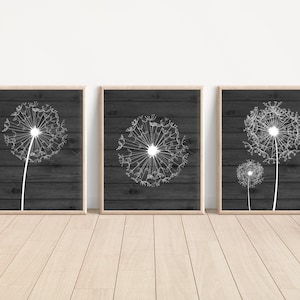 Dandelion Wall Art, Charcoal Gray Bedroom Wall Art, Dandelion Prints or Canvas Charcoal Bathroom Decor, Dandelion Wall Decor, Set of 3