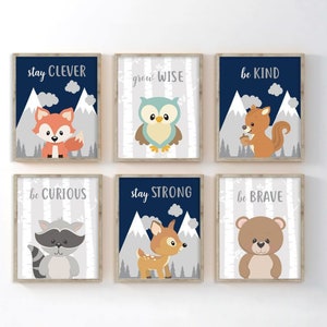 Woodland Nursery Decor, Boy Woodland Animals Wall Art, Woodland Nursery Prints Or Canvas, Woodland Nursery Quotes, Navy Gray Set of 6