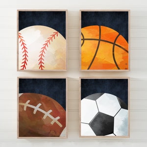 Sports Decor For Boys Room, Basketball Baseball Football Soccer Wall Art Prints or Canvas, Sports Balls Nursery, Navy Boys Room, Set of 4