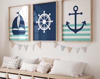 Nautical Nursery Art Prints, Navy Anchor, Sailboat, Wheel, Set of 3