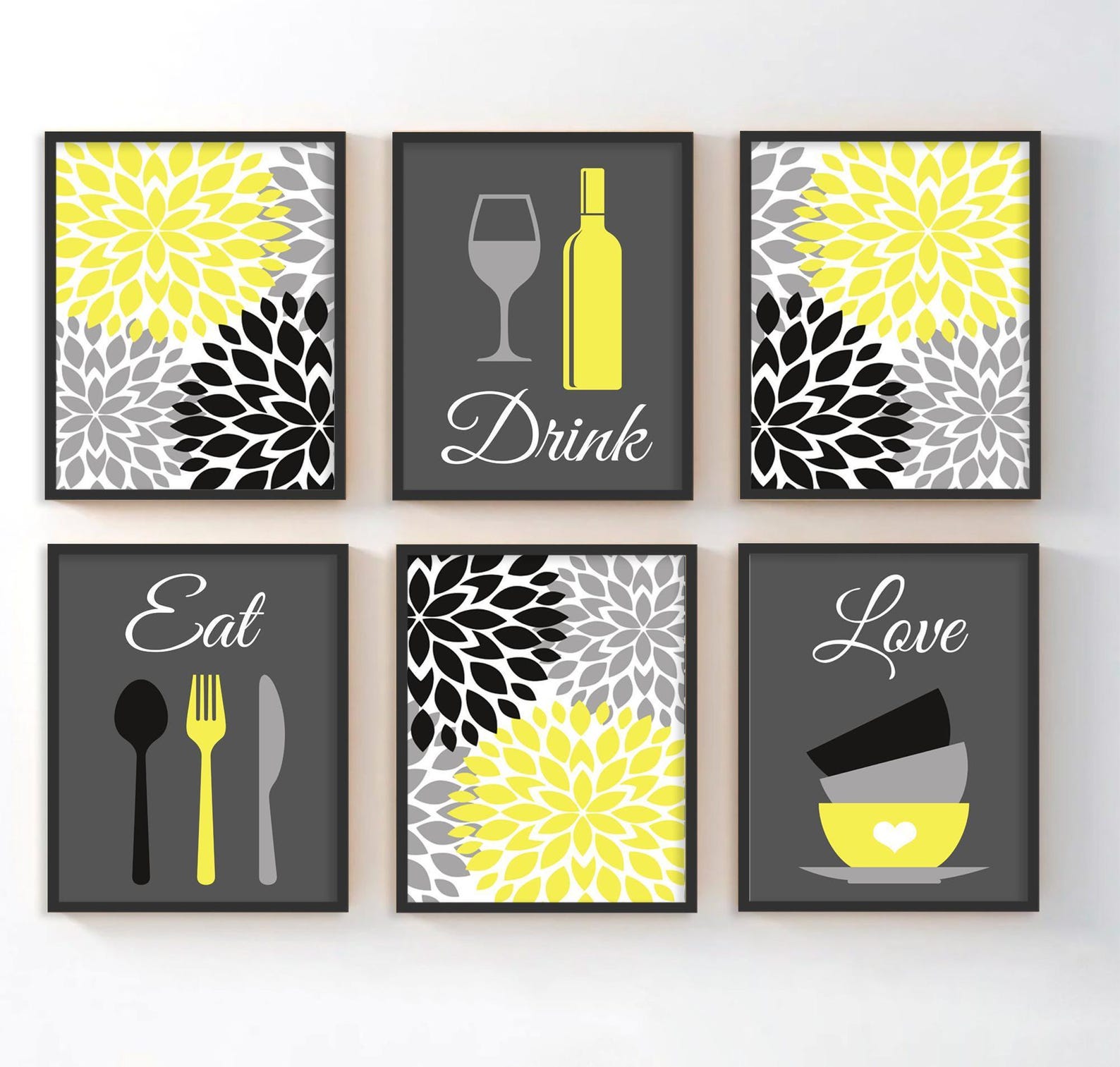 kitchen art personalized prints - utensils, cups,... Eat Drink Love Kitchen Art Prints, Teal Floral Decor, Set of 6 - Etsy
