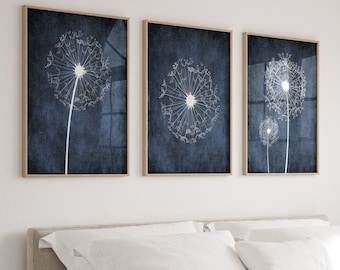 Dandelion Wall Art, Navy Bedroom Pictures, Dandelion Art Prints or Canvas Navy Bathroom Decor, Dorm Room Decor, Set of 3, Navy Home Decor