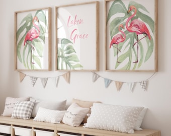 Watercolor Flamingo Nursery Art Prints: Tropical Decor, Personalized Name Print, Set of 3