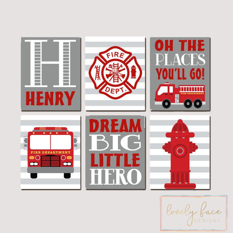Fire Truck Nursery Set of 6 Pictures Big Boy Bedroom Fire Truck Decor Canvas or Prints Fireman Fire Truck Birthday Fire Truck Wall Art