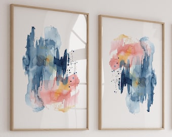 Navy Blue Abstract Watercolor Art Prints: Modern Bedroom Decor, Set of 2