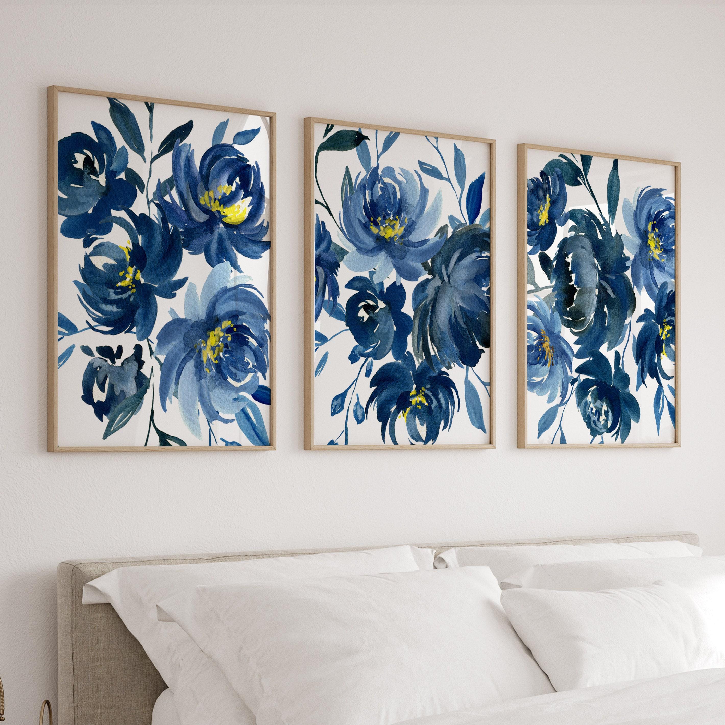 Blue Watercolor Floral Wall Art, Navy Blue Watercolor Flower Art ...