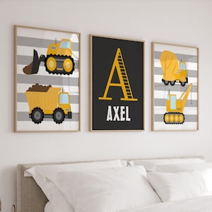 Construction Truck Nursery Prints: Personalized Boy Room Wall Art, Set of 3