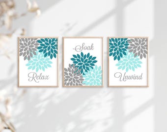 Teal Gray Bathroom Decor, Bathroom Wall Art, Prints or Canvas Floral Bathroom Wall Decor, Relax Soak Unwind, Bathroom Quotes, Set of 3