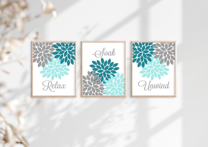 Teal Gray Bathroom Decor, Bathroom Wall Art, Prints or Canvas Floral Bathroom Wall Decor, Relax Soak Unwind, Bathroom Quotes, Set of 3