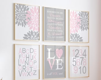 Pink Gray Flower Nursery Art Prints, Girl Room Decor, Set of 6