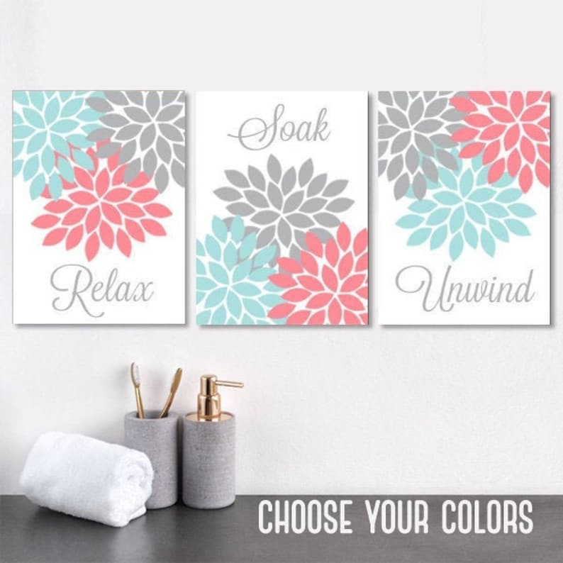Aqua Coral Gray Bathroom Decor Bathroom Wall Art Prints or Etsy