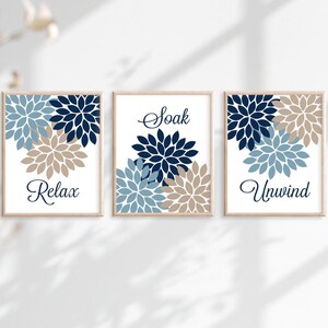 Teal Gray Bathroom Decor, Bathroom Wall Art, Prints or Canvas Floral Bathroom Wall Decor, Relax Soak Unwind, Bathroom Quotes, Set of 3 画像 7