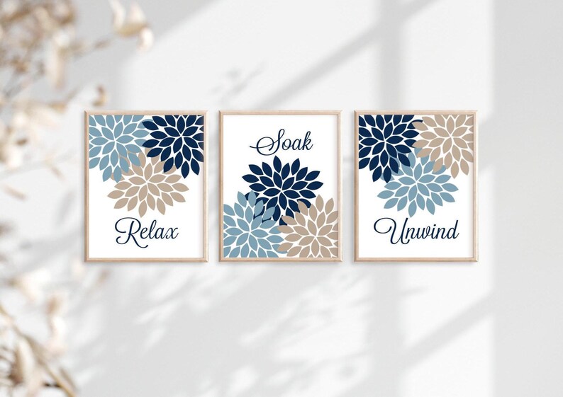 Teal Gray Bathroom Decor, Bathroom Wall Art, Prints or Canvas Floral Bathroom Wall Decor, Relax Soak Unwind, Bathroom Quotes, Set of 3 画像 7