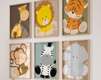 Safari Animal Nursery Prints, Set of 6, Baby Boy Decor