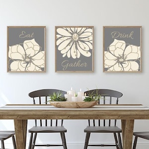 Kitchen Wall Decor, Eat Gather Drink, Dining Room Wall Decor Prints or Canvas, Flower Kitchen Decor, Floral Farmhouse Decor, Gray Set of 3