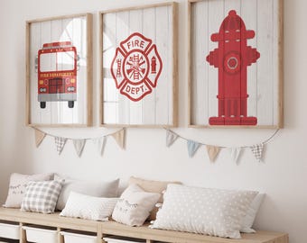 Fire Truck Nursery Art Prints: Distressed Firefighter Decor, Set of 3