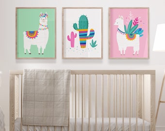 Llama nursery decor, Llama nursery print, Little girls room decor, Nursery printable, Baby girl boho nursery artwork, Pink nursery, Set of 3