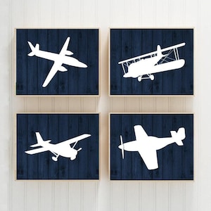 AIRPLANES Wall Art Prints or Canvas Baby Boy Nursery Decor, Theme PLANES, Aviation Decor, Navy Wood Effect, Set of 4, Big Boy Bedroom