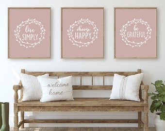 Neutral Prints Wall Art Set of 3, Entryway Art Prints, Inspirational Canvas Wall Art, Live Simply, Blush Mauve Dusty Rose Farmhouse Prints