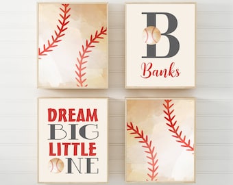 Vintage Baseball Nursery Art, Toddler Boys Room Wall Decor, Baseball Nursery Prints or Canvas, Dream Big Baseball Name Print Set of 4