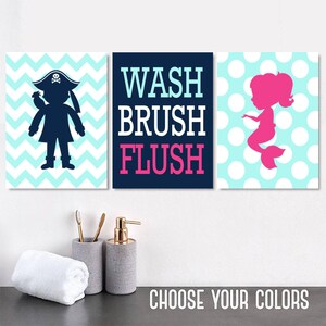 Kids Bathroom Wall Decor, Mermaid Pirate Bathroom, Prints or Canvas Wall Art, Wash Brush Flush, Navy Hot Pink Aqua Bathroom Rules, Set of 3