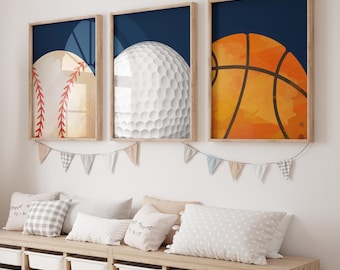 Navy Sports Ball Art Prints, Boy's Room Decor, Set of 3