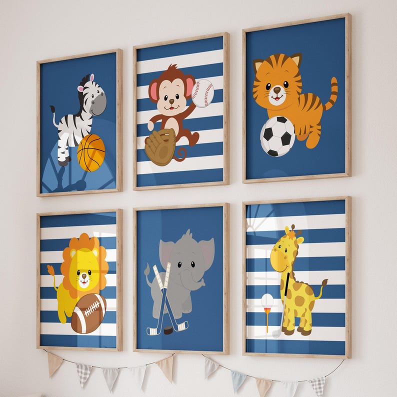 Sports Safari Animals Nursery Prints, Baby Boy Decor, Set of 6 Bild 3