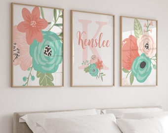 Floral Nursery Wall Art, Coral Aqua Flowers, Girl Name Prints, Set of 3