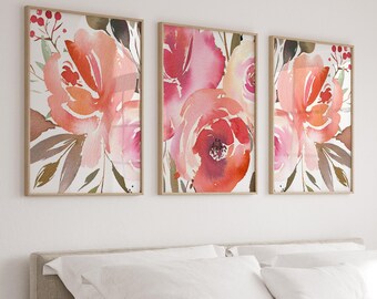 Watercolor Floral Art Prints, Pink Coral Flower Set of 3