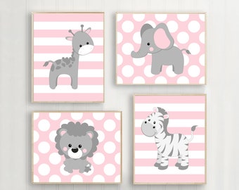 Baby Girl Nursery Wall Art, Pink Gray Nursery Decor, Elephant Giraffe Zebra Lion, Girl Safari Animals Decor, Prints or Canvas Set of 4