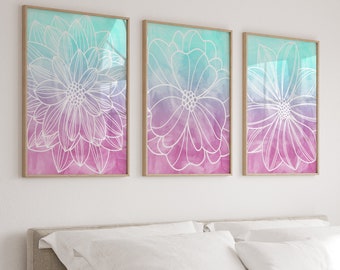 Teen Girl Room Decor, Flower Wall Art, Watercolor Ombre Pictures, Bedroom Decor Prints or Canvas, Pink Purple Aqua Dorm Room, Set of 3