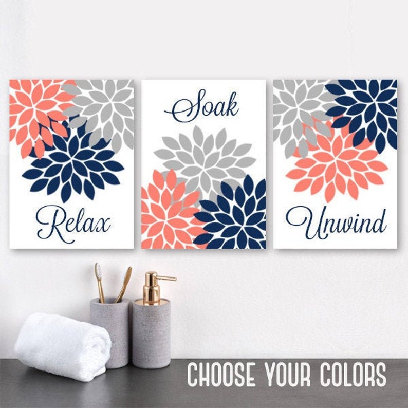 Navy Gray Bathroom Wall Art Prints Or Canvas Bathroom Wall Etsy